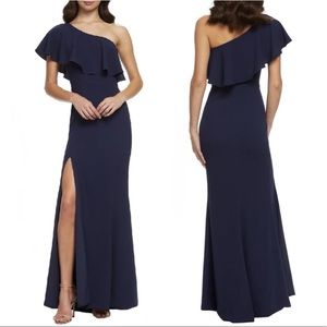 Dress the Population NWOT Frida One Shoulder Crepe Gown in Midnight Blue
